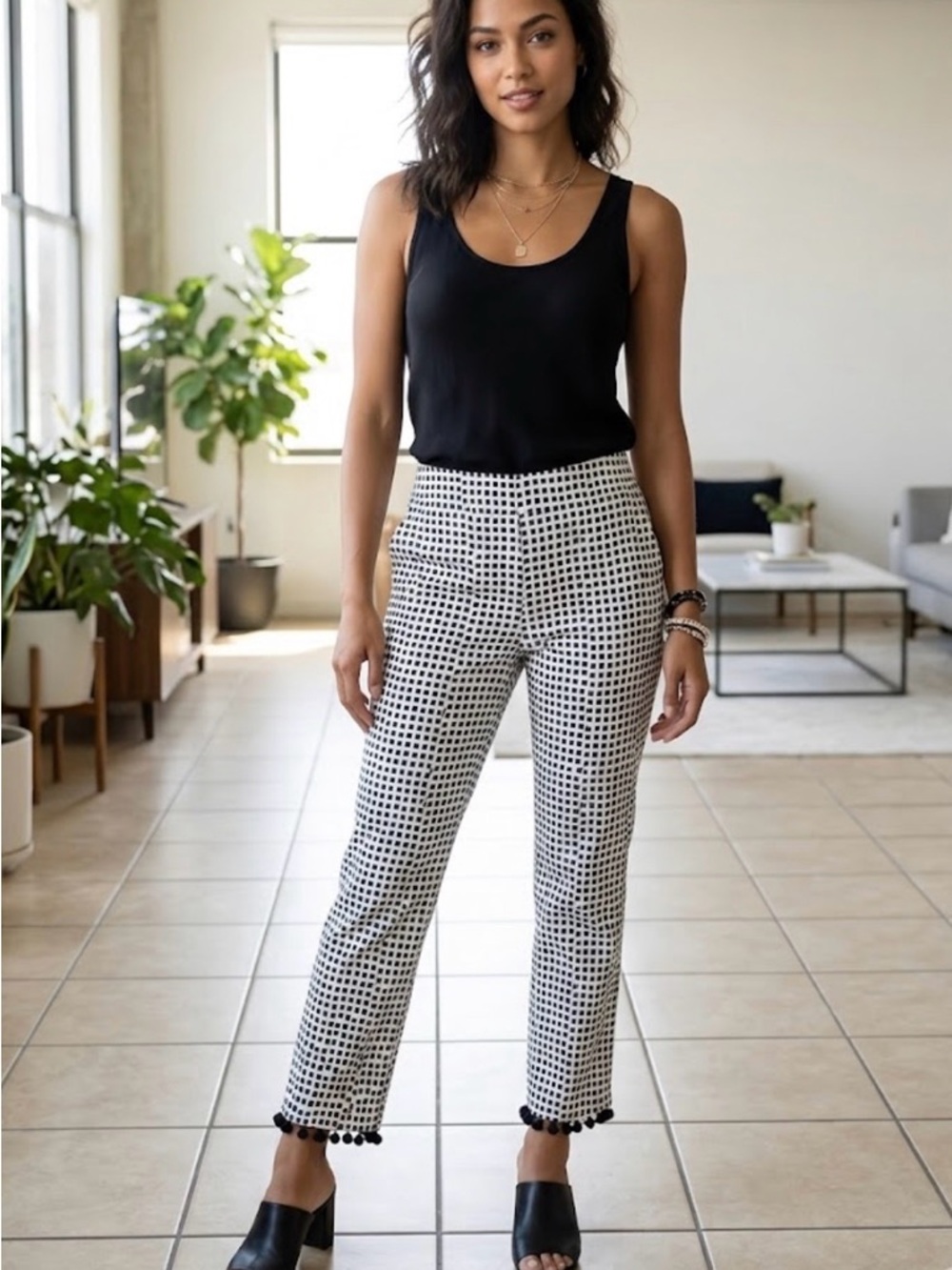 Chico's Black & White Grid Cropped Pants with Pom Trim